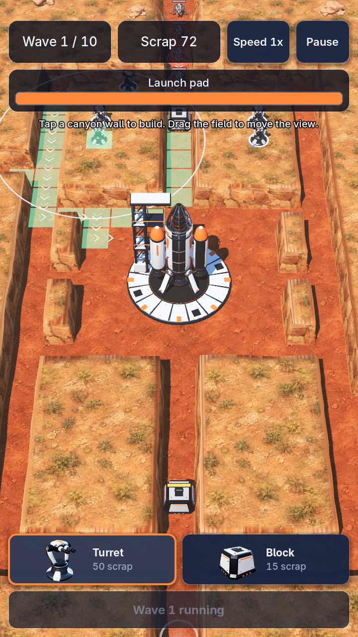 Farlight gameplay showing the starship launch pad, canyon defences and incoming enemies